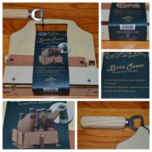 Foldable wooden beer caddy with bottle opener - NEW